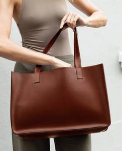 Bolso Tote de Cuero Genuino, Gran Capacidad, Diseño Minimalista, Unisex, Uso Diario, Parte Superior Abierta, Color Marrón - Product Image 5