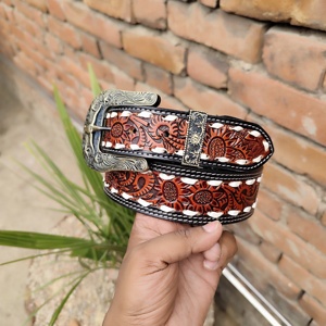 Nuevo cinturón de vaquero tallado a mano completo de estilo occidental Vaquero Cinto con hebilla antigua de latón blanco Fabricante Mayorista - Product Image 3