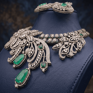 Conjunto de Collar Gargantilla con Gemas Verdes en Tono Dorado Antiguo y Pendientes de Cristal para Novias y Fiestas de Boda - Product Image 4