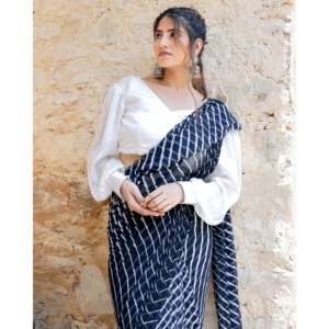 Magnifique sari en mousseline de soie noire Leheriya, design traditionnel, pour fêtes, mariages, vêtements de plage, haute qualité, impression numérique sur soie, séchage rapide - Product Image 2