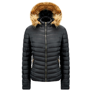 Chaqueta Acolchada para Mujer con Capucha de Piel Sintética, Corte Ajustado, Ligera, Abrigo Acolchado Cálido de Invierno con Bolsillos con Cremallera, Venta al por Mayor OEM - Product Image 1