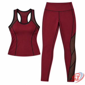 Custom Women Wine Red 2 Piece Yoga Set Criss Cross Strap Front Logo <b>Mesh</b> Detail Performance Top and High Waist Fitness <b>Leggings</b> - Product Image 1