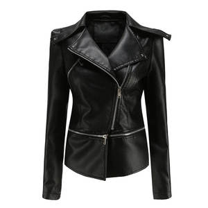 Chaqueta de Motociclista de Cuero Sintético PU Negra para Mujer, Cuello Alto, Manga Larga, Cierre de Cremallera, Largo Regular, Color Sólido, Estilo Biker - Product Image 1