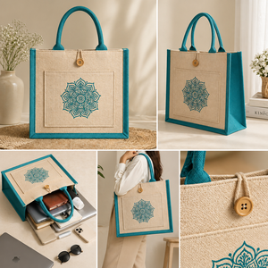Sac fourre-tout en jute laminé bicolore AMANI, grand format, écologique, réutilisable, sac de shopping, logo personnalisé imprimé, sac cadeau promotionnel - Product Image 3