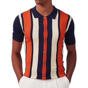 Polo de Punto Vintage para Hombre, Manga Corta, a Rayas, con Botones, Camisa Casual de Golf - Product Image 1