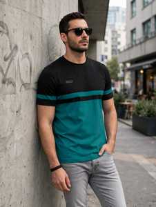 T-shirt homme slim fit à blocs de couleur noir et vert, col rond, manches courtes, décontracté - Product Image 6