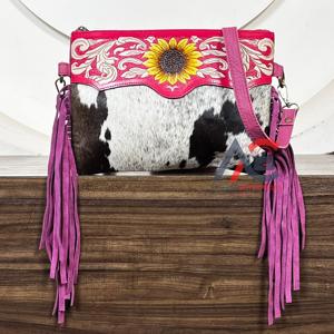 2026 Wholesale Hand Tooled Cowhide Leather Fringe Bags Western Style Sunflower Design Crossbody Shoulder Bag Purse for Women - Product Image 1