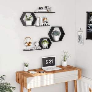 Wooden Floating <b>Wall</b> Shelves For Living Room <b>Wall</b> <b>Mounted</b> Set Of 6 Hexagon Shelves For Photos <b>Plants</b> And <b>Wall</b> Decor Honeycomb - Product Image 3
