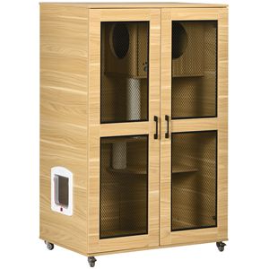 Gabbia e recinto per gatti con ruote chiudibili a chiave La casa del gatto di quercia con tiranti - Product Image 1