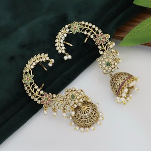 Traditional Imitation Antique Style Kundan <b>Ear</b> <b>Cuff</b> Jhumka <b>Earrings</b> With Ruby Green Stones Pearl Drop For Women - Product Image 3