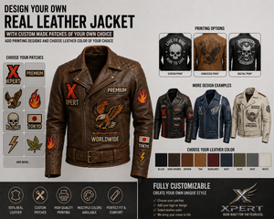 Créez votre propre veste de moto pour homme en cuir véritable, écologique et coupe-vent, avec des motifs de patchs brodés personnalisés et impression. - Product Image 2