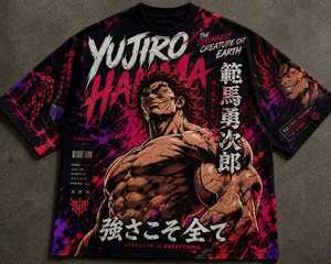 เสื้อยืดแขนสั้นผู้ชาย Yujiro Hanma Ogre พิมพ์ลายสกรีนด้านหน้า สไตล์สตรีท ดีไซน์ตัวละคร ทรงหลวม คอกลม ผ้า 100% - Product Image 1