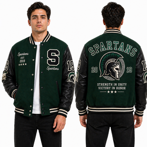 Chaqueta Universitaria Spartan, Chaqueta Letterman con Casco Bordado, Cuerpo de Lana, Mangas de Cuero, Proveedor OEM - Product Image 1