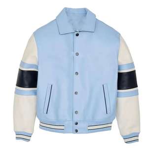 เสื้อแจ็คเก็ตวาร์ซิตี้ PU สีฟ้าอ่อนสำหรับผู้ชาย แขนเสื้อสีครีม แต่งแถบลายทาง สไตล์ลำลองแบบเบสบอล เสื้อคลุมสำหรับฤดูใบไม้ร่วง - Product Image 3