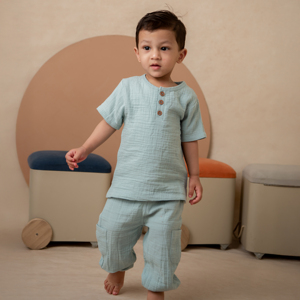 <b>Cot</b> & Candy Organic Muslin Short Sleeve Henley T-Shirt with Lounge Pant <b>Set</b> Teal Summer Collection - Product Image 6