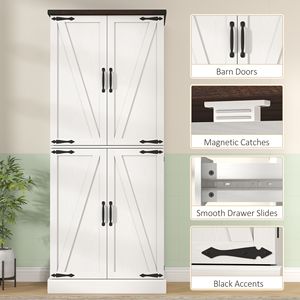 Armadio dispensa da cucina moderno stile farmhouse alto 72 pollici in legno massello con 8 ante e ripiani regolabili, colore bianco - Product Image 6