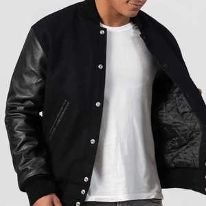 Custom Men's Streetwear Varsity <b>Jacket</b> Wool Polyester Stand Body <b>Real</b> <b>Leather</b> Sleeves Embroidered Patch Regular Fit Winter - Product Image 2