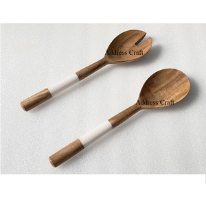 Hand Crafted Wooden <b>Salad</b> <b>Server</b> With Marble Handle Acacia Wood <b>Salad</b> Spoon Fork Kitchenware Utensils Serving Spoon Cutlery - Product Image 4