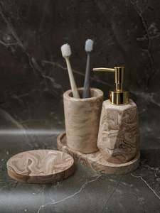 Ensemble de salle de bain en marbre noir, style rustique, en pierre naturelle, avec distributeur et plateau, accessoires de salle de bain faits à la main, décoration de vanité. - Product Image 4