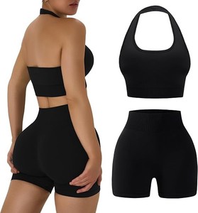 Fitness Wear Customizable High Quality Fabric Yoga Gym Set for Women Halter Sports Bra <b>Scrunch</b> Butt <b>Shorts</b> Stitch Breathable - Product Image 5