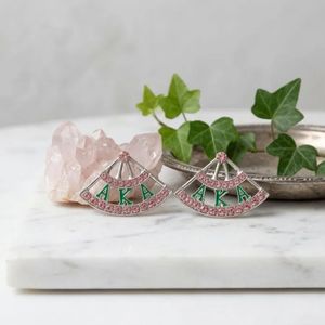 Pendientes de tuerca con diseño de abanico griego en rosa y verde para mujer, joyería de moda con cristales, elegantes pendientes geométricos, accesorio de regalo para fiestas para damas - Product Image 1