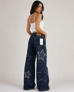 FAWKES Jean en denim pour femme, coupe large, taille haute, effet usé, avec patchs étoiles, coupe ample, longueur intégrale, style décontracté printemps, vente en gros - Product Image 4