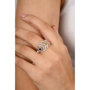 18K White <b>Gold</b> Miracle Feather <b>Ring</b> with Diamond and Sapphire Micro Insert - Product Image 3
