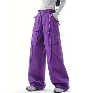 Pantalon cargo décontracté pour femme, coupe ample, jambe large, taille haute, fermeture à cordon, plusieurs poches, tissu durable en polyester/coton - Product Image 6