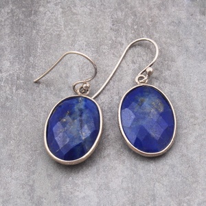 Natural Lapis Lazuli Faceted Oval Drop <b>Earrings</b> 925 Sterling <b>Silver</b> Handmade Gemstone <b>Dangle</b> <b>Earrings</b> for Women - Product Image 1