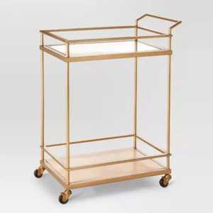 Modern Champagne Gold Bar <b>Cart</b> 2 Tier Glass Mirror Serving Trolley Elegant Rolling Wine Beverage Kitchen Storage Organizer - Product Image 1