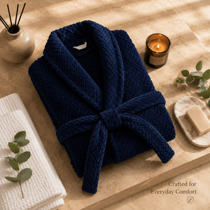 Navy <b>Blue</b> 100% Cotton Terry Bath Robe 450GSM | Luxury Hotel Spa Resort Bathrobe Soft Plush Hospitality Wholesale Export Supplier - Product Image 4