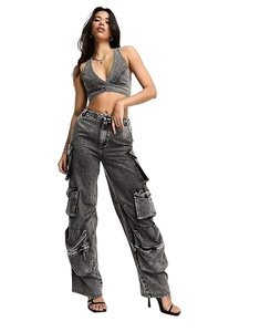 High Quality Denim Pants For <b>Women</b> Acid Washed Multi Pockets Hip Hop Fashion Flared Oversized <b>Trousers</b> Cargo Pants <b>Women</b> - Product Image 1