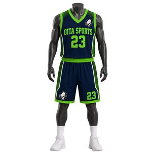 Ensemble de maillot et short de basket-ball en sublimation bleu, blanc et vert, léger, respirant, uniforme d'équipe pour l'entraînement et les matchs - Product Image 1