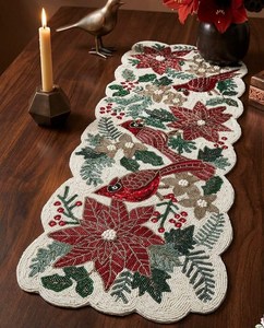 <b>Christmas</b> Embroidered <b>Table</b> Runner with Poinsettia and Birds Design Handmade Fabric Irregular Shape Decorative <b>Mat</b> - Product Image 2