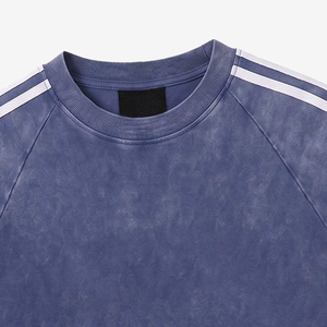 Camiseta de Manga Corta para Hombre, Talla Grande, Cuello Redondo, 100% Algodón, Color Azul Sólido Lavado, con Ribete en Contraste, Estilo Casual - Product Image 3