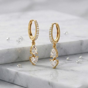 1.40 CTW Pearand Round and Heart Diamond Two-<b>Stone</b> Linear Huggie Dangle Earrings - Product Image 1