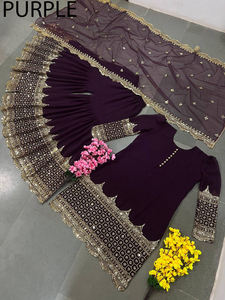 Ensemble prêt-à-porter Sharara Gharara Kurti brodé indien, tissu Georgette, vêtements ethniques pakistanais de créateur, 3 pièces. - Product Image 3