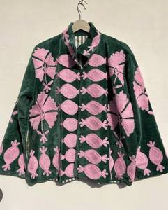 Green <b>Velvet</b> Embroidered Blouson Jacket With Pink Floral Pattern Mandarin Collar Full Sleeve Autumn Outerwear <b>Women</b> <b>Velvet</b> <b>Coat</b> - Product Image 2