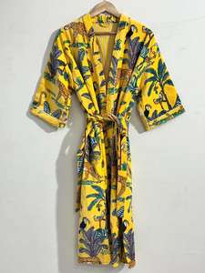 Robe kimono vintage en velours, imprimé jungle indien, doublée de coton - Product Image 4