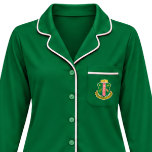 Conjunto de Pijama de Dos Piezas Verde para Mujer con Ribete Rosa en Contraste, Logotipo 1908 Bordado, Top con Cuello y Botones al Frente - Product Image 3