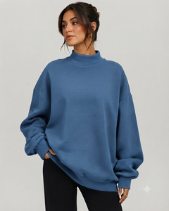 Sweat-shirt en coton ample et décontracté pour femme, col montant, manches longues, pull confortable pour un look quotidien tendance - Product Image 1