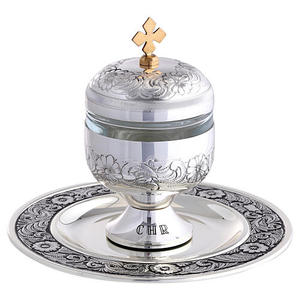 Traditional <b>Silver</b> Holy Oil <b>Lamp</b> Round Design with Cross Top for Indoor Tabletop Use Baptism Decor Living Room Home Decor - Product Image 1