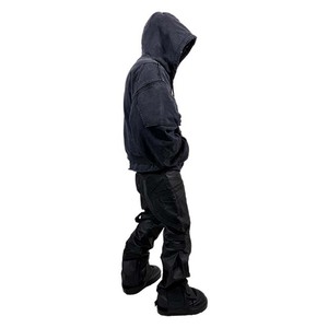 Men's Oversized Cropped Denim <b>Hoodie</b> With Left Sleeve Logo <b>Zip</b> Front <b>Pocket</b> Casual Washed Style - Product Image 5