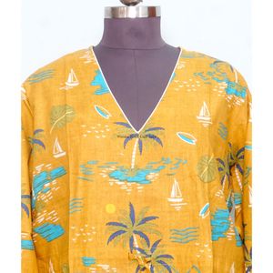 เดรสลำลองทรงตรงไซส์พลัสสำหรับผู้หญิง ลายพิมพ์บล็อกด้วยมือ แขนพอง คอวี เอวธรรมชาติ ความยาวระดับข้อเท้า - Product Image 2