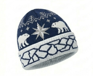 Unisex Knit <b>Beanie</b> Hat With Polar Bear And Snowflake Pattern <b>Navy</b> Blue Winter Cap For Adults 56-58CM Head Circumference - Product Image 2