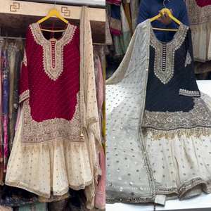 Ensemble haut et sharara en faux georgette lourde avec sequins et dentelle fantaisie brodée à la main, entièrement cousu, tailles M, L, XL et XXL pour femmes - Product Image 2