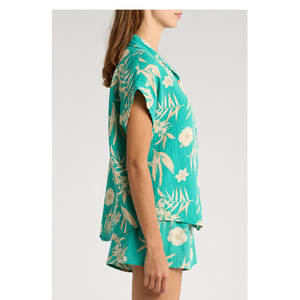 Women's Floral Printed Cotton Lounge Set <b>Short</b> Sleeve Button Front <b>Shorts</b> Two Piece Casual Summer Outfit - Product Image 6