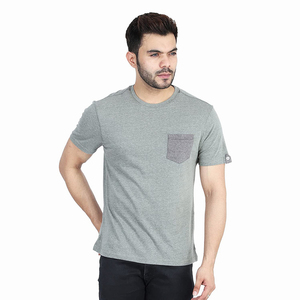 T-shirt en coton gris pour homme, manches courtes, col rond, poche, vêtement décontracté, coupe classique, couleur unie, jersey tricoté, vêtement de sport - Product Image 1