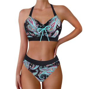 Ensemble de bikini imprimé de haute qualité pour femme, maillot de bain deux pièces taille haute avec détail cordon de serrage, logo avant, sans couture - Product Image 4