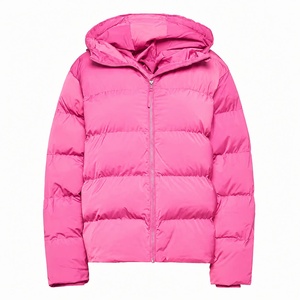 Pink <b>Hooded</b> Puffer Jacket Windproof Solid Color Zipper Front Casual Winter <b>Coat</b> Unisex Eco-friendly <b>Fur</b> Trim Slim Polyester - Product Image 1